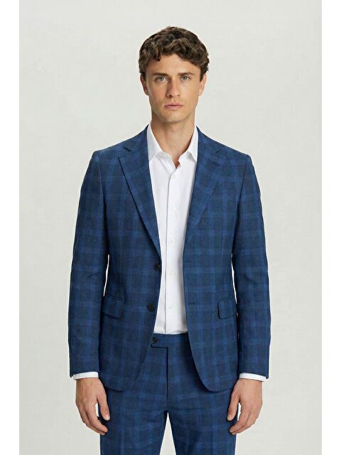 Sabri Özel Giotelli Lacivert Slim Fit Mono Yaka Ekose Desenli Yelekli Takım Elbise