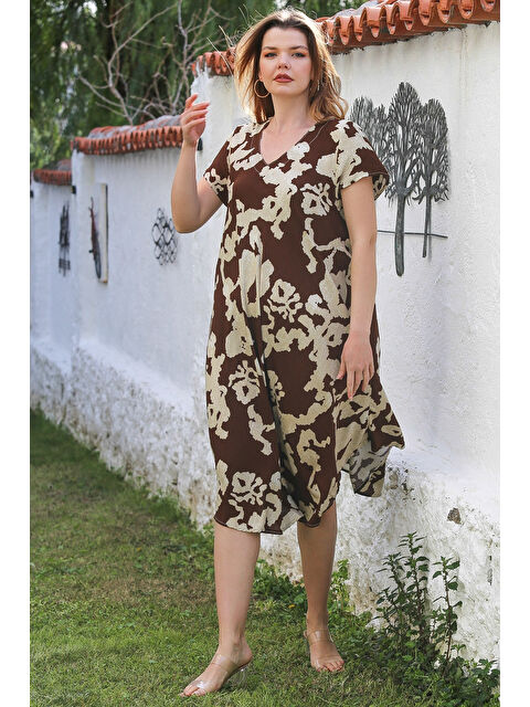 Chiccy Kahve-Bej V Yaka Düşük Kol Allover Baskılı Casual Viskon Dokuma Elbise 115 66 - S000367882-37315