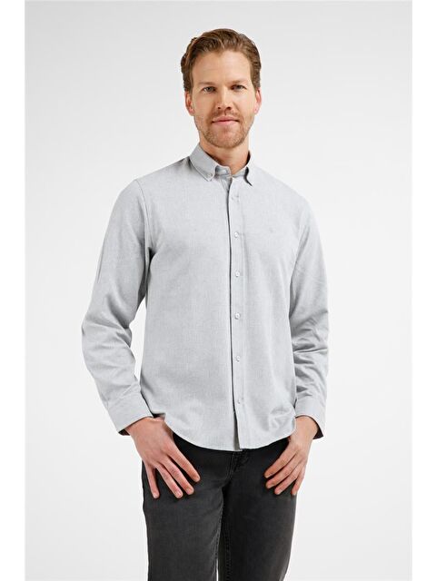 İMZA Gri - Beyaz Düğmeli Yaka Uzun Kol Cepsiz Slim Fit Pamuklu Gömlek 1004255233