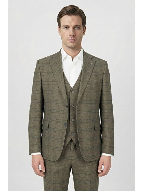 Sabri Özel Giotelli Kahve Slim Fit Ekose Desenli Mono Yaka Takım Elbise - S000524086-19413