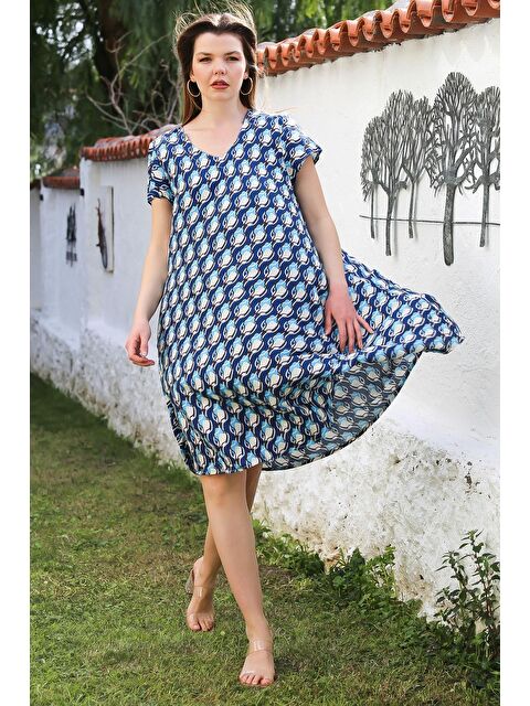 Chiccy Mavi V Yaka Düşük Kol Allover Baskılı Casual Viskon Dokuma Elbise 115 66 - S000367879-17234