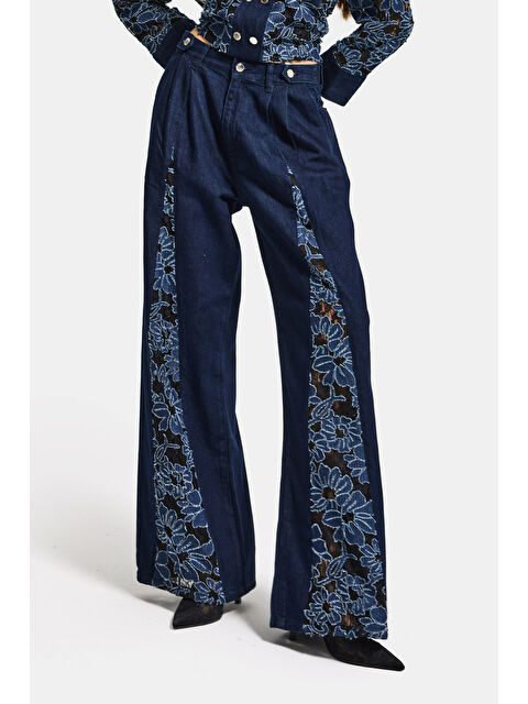 It's Basic Kadın İndigo Selvedge 7s6-50 Wide Leg Dantel Nakış Detaylı Özel Tasarım Denim Jean - S000515613-23093