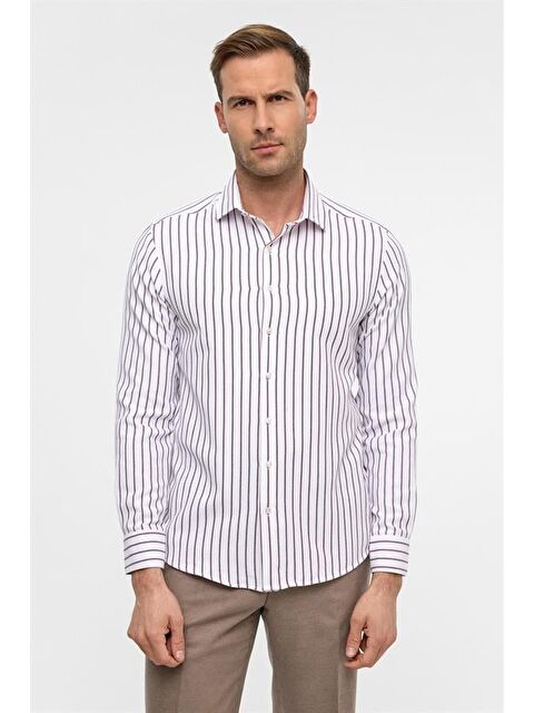 Süvari Koyu Bordo Slim Çizgili Klasik Yaka Gömlek