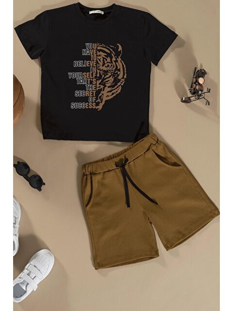 For You Kids Kaplan Baskılı Siyah Alt Üst Şort Takım - S000153531-19351