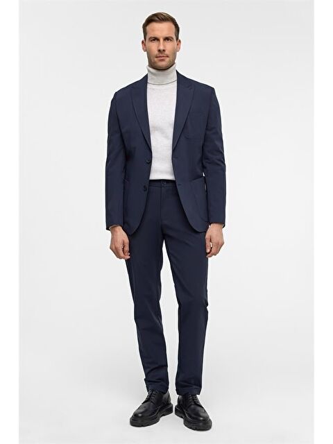 Süvari Lacivert Slim Desenli Sivri Yaka 6 Drop Yelekli Takım Elbise - S000495486-21164