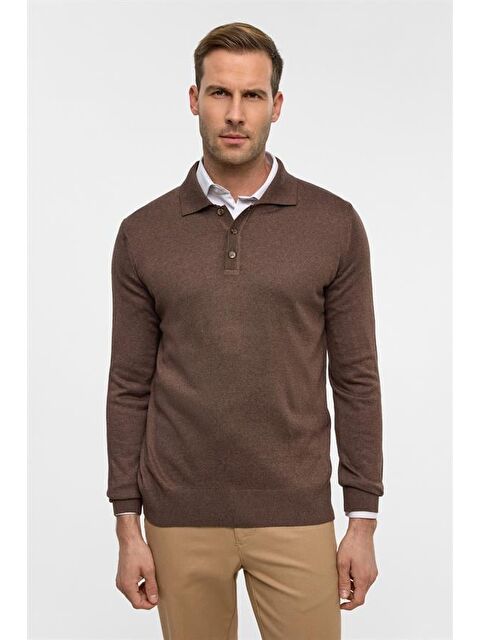 Süvari Sütlü Kahve Regular Düz Polo Yaka Triko