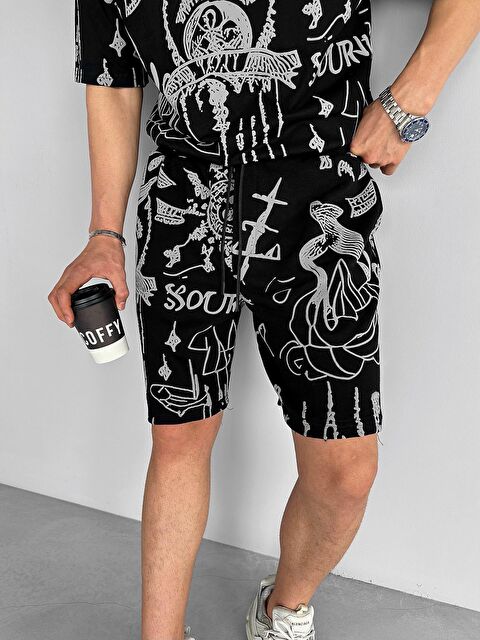 Abluka Online Erkek Oversize Desen Baskılı Rahat Kumaş Şort Siyah - S000163538-19351