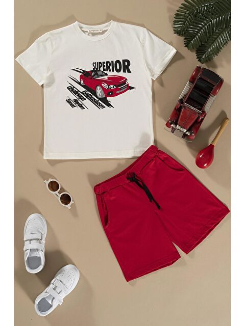 For You Kids Araba Baskılı Kırmızı Alt Üst Şort Takım - S000153533-20045