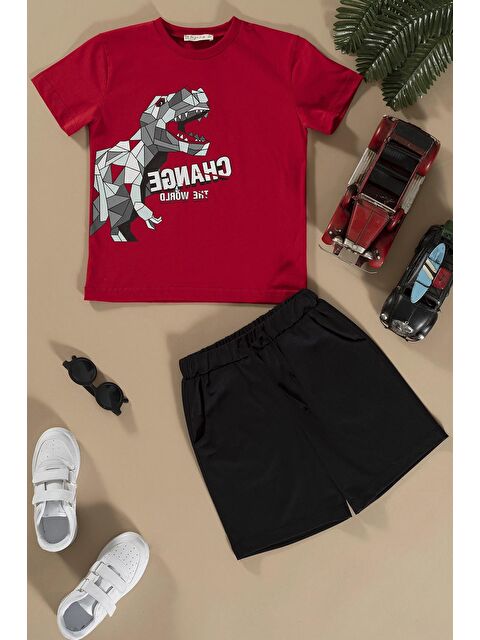 For You Kids Dinozor Baskılı Kırmızı Alt Üst Şort Takım - S000153534-20045