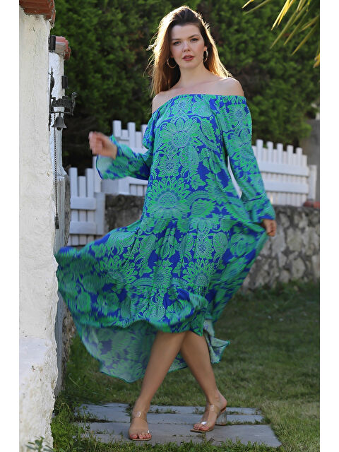 Chiccy Mavi-Yeşil Carmen Yaka Fırfırlı Kol Etek Ucu Fırfırlı Allover Baskılı Viskon Dokuma Elbise 130 60 - S000367885-37378