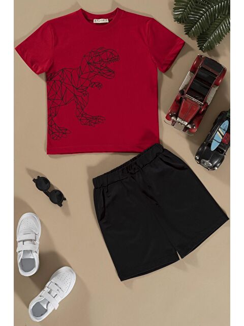 For You Kids Dinozor Baskılı Siyah Alt Üst Şort Takım - S000153535-19351