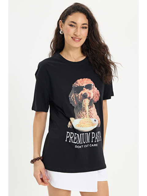 TUDORS Kadın Oversize Geniş Kesim %100 Pamuk Bisiklet Yaka Kısa Kollu Baskılı Siyah Tişört