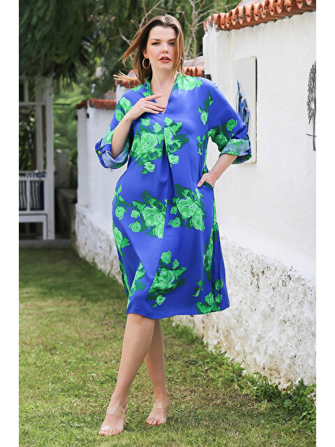 Chiccy Mavi V Yaka Düğmeli Uzun Kollu Gizli Cepli Allover Baskılı Casual Viskon Dokuma Elbise 115 58 - S000367747-17234