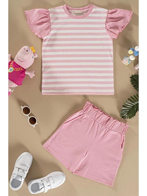 For You Kids Çizgili Volanlı Kol Tshirt Şort Pembe Takım - S000153537-20024