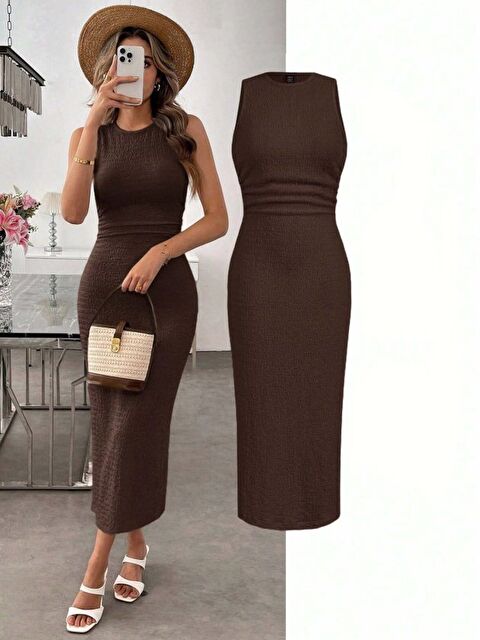 Jane's Kadın Askılı Bisiklet Yaka Beli Büzgülü Uzun Bürümcük Elbise