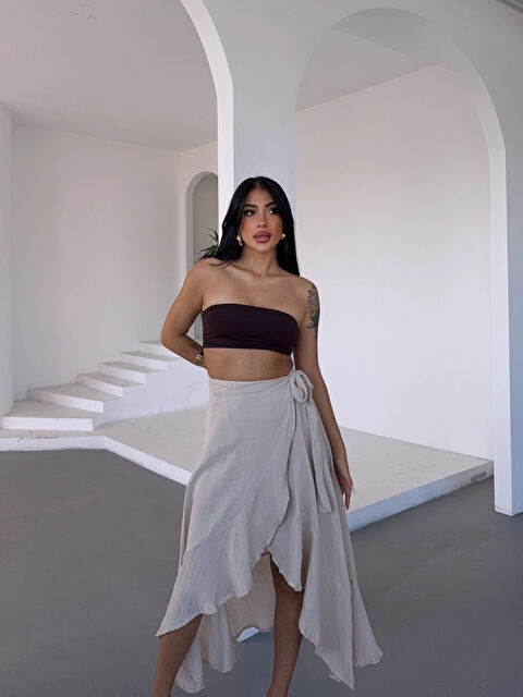 Hazelin Kadım Bej Belden Bağlamalı Asimetrik Müslin Etek HZL25S-DSB117801 - S000385264-19928