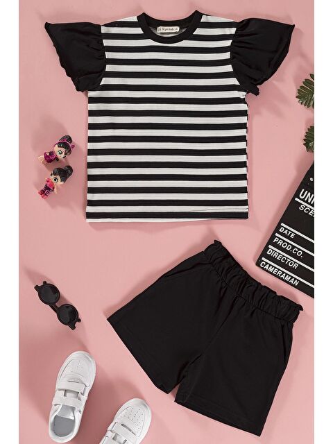 For You Kids Çizgili Volanlı Kol Tshirt Şort Siyah Takım - S000153538-19351