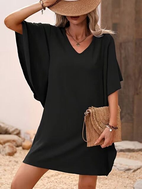 Jane's Kadın Kısa Kollu V Yakalı Yanları Volanlı Kısa Ithal Krep Elbise