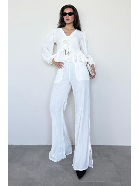 Madmext Ekru Önü Bağlamalı Bluz Pantolon Takımı Mg2343 - S000385366-19965