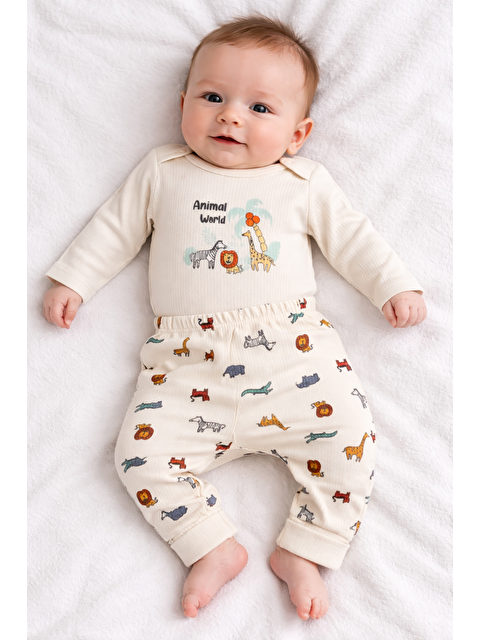 Verona Tarz Erkek Bebek Safari Desenli 2li Takım fitilli Kumaş Çıtçıtlı Mevsimlik