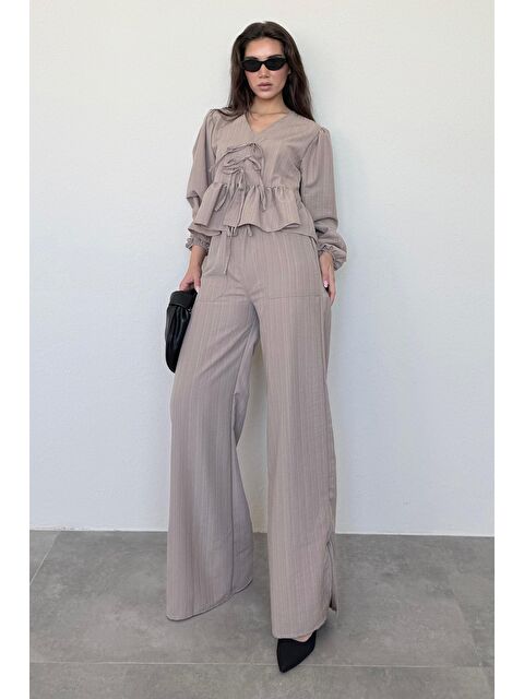 Madmext Camel Önü Bağlamalı Bluz Pantolon Takımı Mg2343 - S000385366-4557