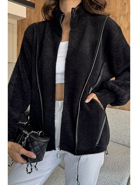 Gülseli Deri Detaylı Angora İplik Kadın Triko Ceket - S000425482-19351