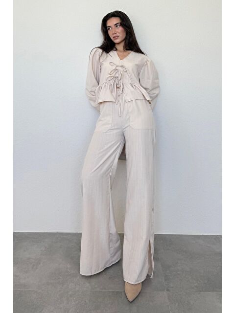 Madmext Bej Önü Bağlamalı Bluz Pantolon Takımı Mg2343 - S000385366-19928