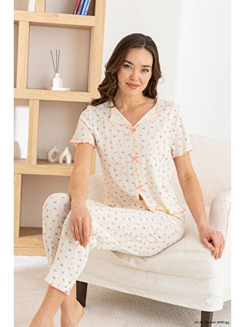 Formo Kadın %100 Pamuk Kurdele/Fiyonklu Kısa Kollu Fitilli Kaliteli Örme Pijama Takımı