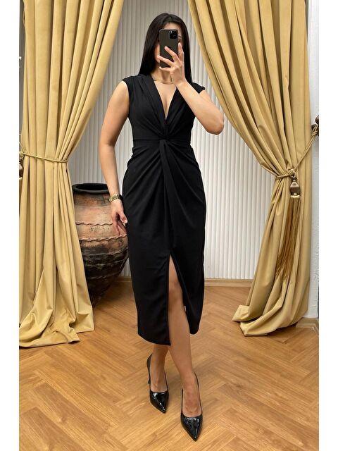 Madmext Siyah Yırtmaç Detaylı Kruvaze Yaka Kadın Elbise Mg2417 - S000385368-19351