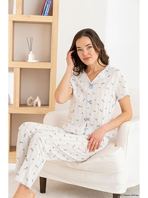 Formo Kadın %100 Pamuk Kurdele/Fiyonklu Kısa Kollu Fitilli Kaliteli Örme Pijama Takımı