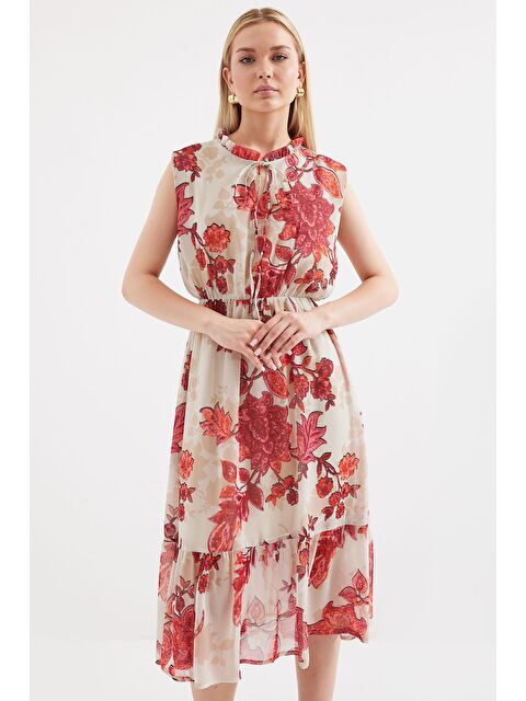 Bigdart 2503 Desenli Sıfır Kol Şifon Elbise - Nar - S000232447-20048