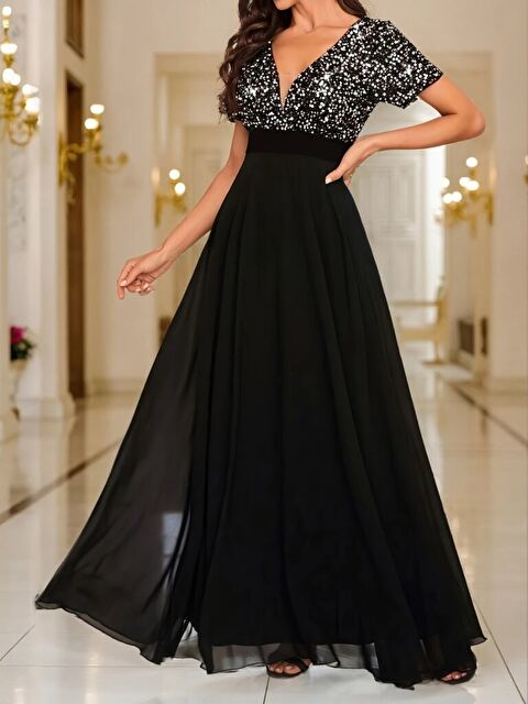 Jane's Kadın Kısa Kollu Derin V Yakalı A Kesim Pulpayet Detaylı şifon Nedime Elbisesi