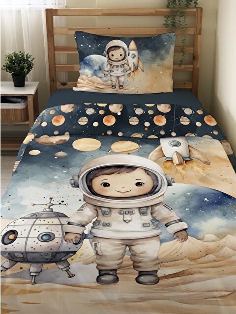 Evmila Astronot Desenli Çarşafsız 2'li Takım Baskılı Tek Kişilik Nevresim Takımı 160x220 cm - S000164194-23173