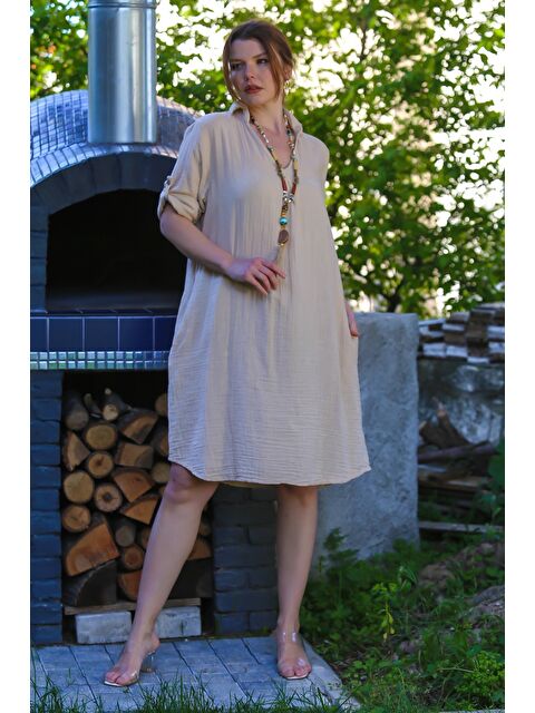 Chiccy Koyu Bej Gömlek Yaka Düğmeli 3/4 Kol Cepli Casual Müslin Dokuma Elbise 105 65