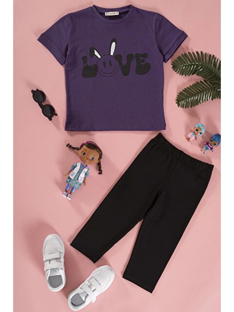 For You Kids Baskılı Tshirt Tayt Siyah Alt Üst Takım - S000153543-19351