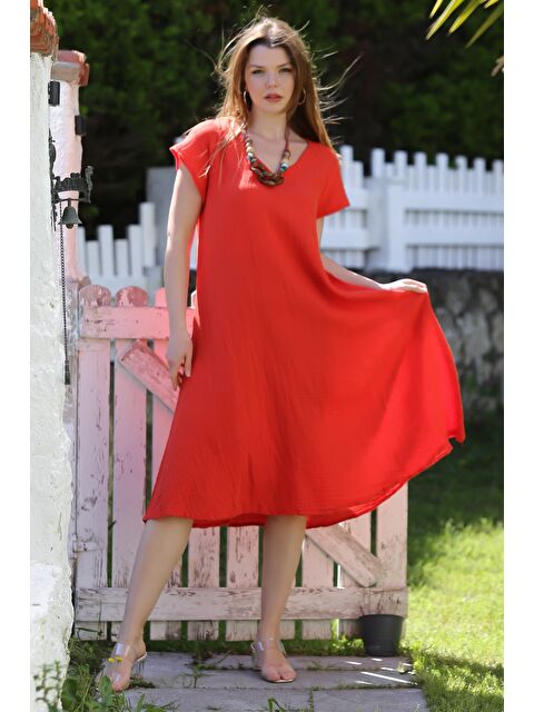 Chiccy Narçiçeği V Yaka Düşük Kol Casual Müslin Dokuma Elbise Kloş Etek 115 63