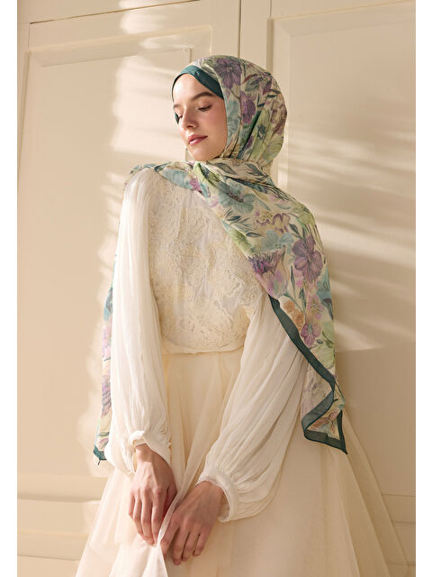 Fresh Scarfs Vıntage Garden Desen Rami Şal Yeşil - S000420264-18194