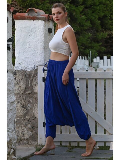 Chiccy Saks Mavisi Yıkamalı Lastikli Bel Şalvar Paça Casual Krinkıl Dokuma Pantolon 95 80 - S000468924-23710