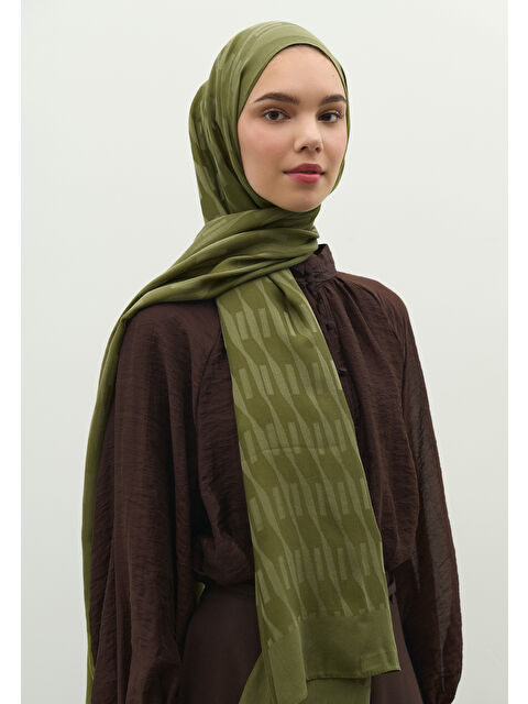 Fresh Scarfs NARA PAMUK FLOŞ JAKARLI ŞAL ZEYTİN YEŞİLİ - S000483723-17346