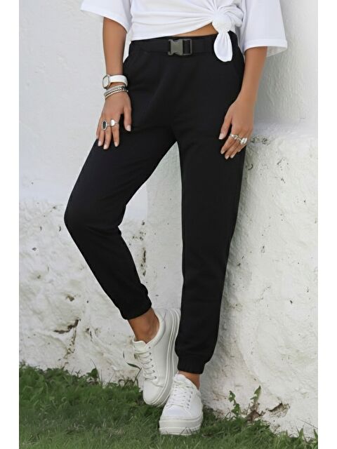 Chiccy Siyah Kemer Tokalı Lastikli Bel Casual Gabardin Dokuma Pantolon 100 55