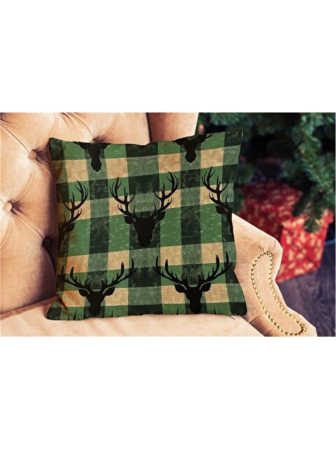 Evmila Yılbaşı Temalı Geyik Desenli Ekose Kadife Kırlent Kılıfı 43x43 cm - S000285301-23173