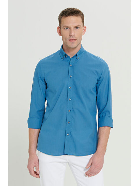 AC&Co / Altınyıldız Classics Erkek Petrol %100 Pamuk Oxford Slim Fit Dar Kesim Düğmeli Yaka Flamlı Gömlek - S000394285-20019