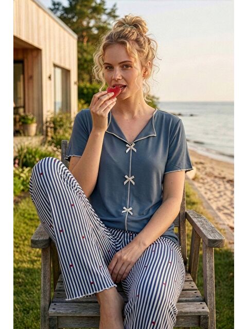 Formo Kadın Kurdele/Fiyonklu Kısa Kollu Yüksek Kaliteli Esnek Pijama Takımı