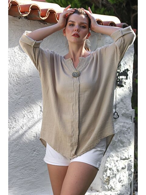 Chiccy Bej Havuz Yaka Düğmeli 3/4 Kol Yıkamalı Casual Müslin Dokuma Bluz 75 70 - S000468834-19928