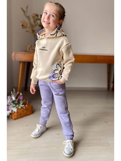 Riccotarz Kız Çocuk Stay Wonderful Çiçek Desenli İçi Pamuklu Lila Eşofman Takım - S000302834-17878