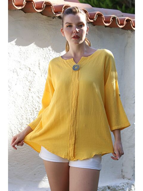 Chiccy Sarı Havuz Yaka Düğmeli 3/4 Kol Yıkamalı Casual Müslin Dokuma Bluz 75 70 - S000468834-20072