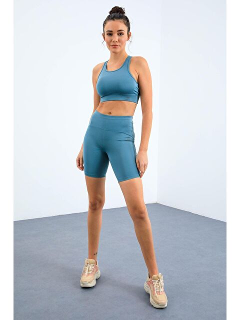 Tommylife Mint Yeşil Yüksek Bel Toparlayıcı Slim Fit Büstiyer Biker Kadın Tayt Takım - 95303 - S000197508-17259