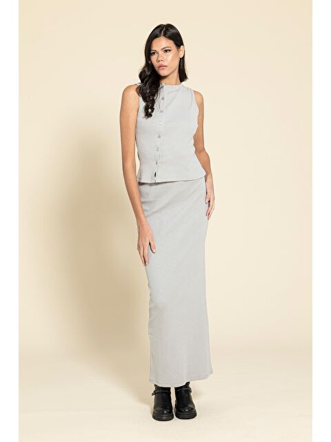 For You Moda Düğmeli Gri Bluz Etek Takım - S000334536-20600