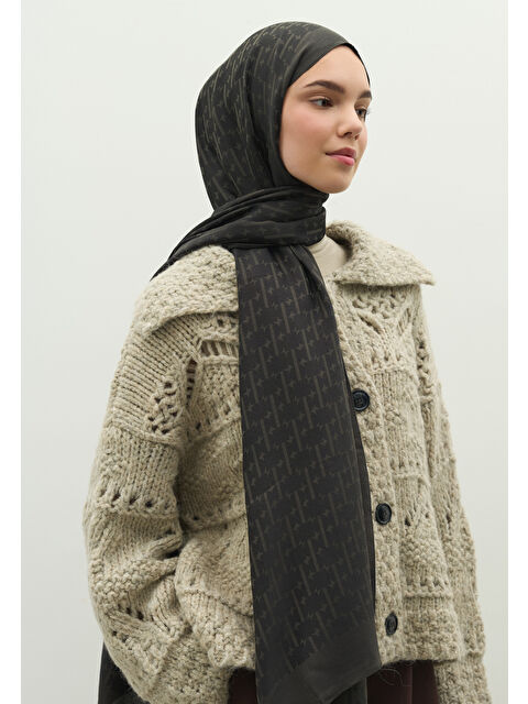 Fresh Scarfs MONOGRAM PAMUK FLOŞ JAKARLI ŞAL KÖMÜR - S000483724-22238