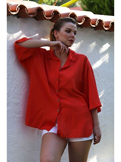 Chiccy Narçiçeği Gömlek Yaka 3/4 Kol Düğmeli Yıkamalı Casual Oversize Dokuma Gömlek 75 68 - S000358958-20048